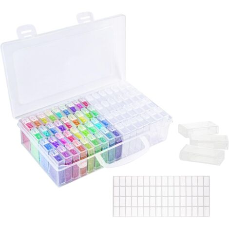 Aufbewahrungsbox für Diamantmalerei – 64 Fächer – 5D-Kunststoffbox – DIY-Zubehör für Schmuck und Nagelkunst – mit Aufklebern (1/5)