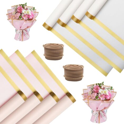 Geschenkpapier für Blumensträuße, 40 Blatt, rosa und weiß, wasserfest, Floristen-Geschenkpapier, 2 Fischgrätenbänder zum Verpacken von Geschenken, Blumengeschenkverpackung