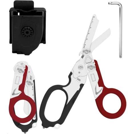 Trauma 6-in-1 Faltbare Rettungsschere, Notfall-Traumaschere, Verbandschere mit K-Schale, Schraubenschlüssel für professionelle Rettungsdienste, Outdoor-Camping (Schwarz und Rot) (1/5)