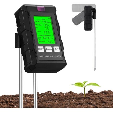 6-in-1 Boden-pH-Tester, Pflanzenfeuchtigkeitsmesser mit Anzeige von Bodenfruchtbarkeit/Feuchtigkeit/pH-Wert/Temperatur/Sonnenlicht/Umgebungsfeuchtigkeit, mit LCD-Bildschirm, für Gartenarbeit/Topfpflan