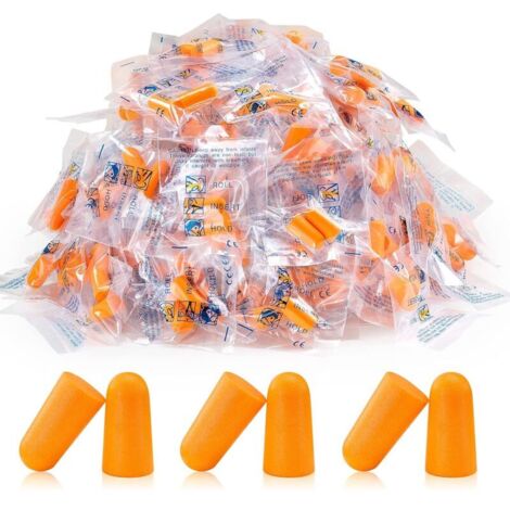 Packung mit 100 ultraweichen Schaumstoff-Ohrstöpseln. 38 dB Lärmreduzierung. Gehörschutz zum Schlafen und Arbeiten. Hygienisch und tragbar. (1/5)