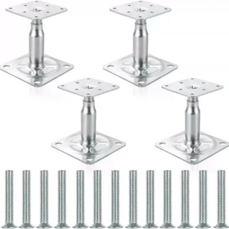 Set aus 4 erhöhten, verzinkten Stahlpfostenstützen, verstellbar von 100 bis 150 mm. Für leichte bis mittelschwere Außenkonstruktionen. (1/4)