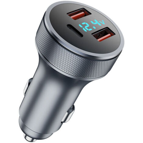 72-W-USB-Autoladegerät, Schnellladeadapter, Metall, Dual-USB 18 W QC 3.0 + 36 W PD, USB-Autoladegerät mit LED-Voltmeter (Grau) (1/5)