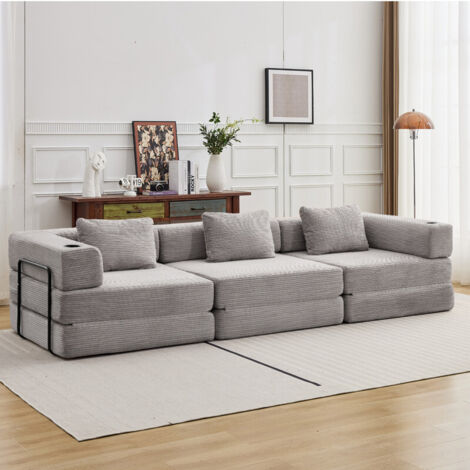 Schlafsofa 300 cm Cord – 2 Getränkehalter, 3 Kissen, grau (1/5)