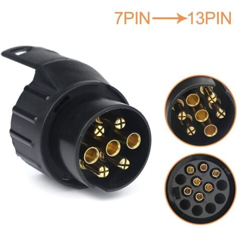 13-poliger auf 7-poliger Anhängerstecker-Adapter – Kompatibel mit europäischen Standardanhängern – Material: ABS und Kupfer – Abmessungen: 12,4 x 11,6 x 4,7 cm