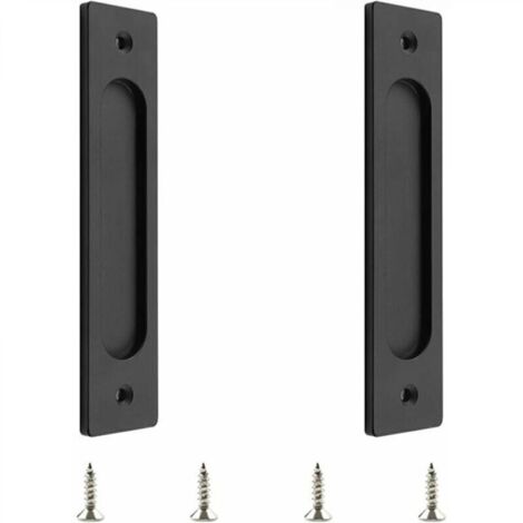 Set mit 2 rechteckigen, eingelassenen Schiebetürgriffen aus mattschwarzem Edelstahl für Schiebetüren im Scheunenstil