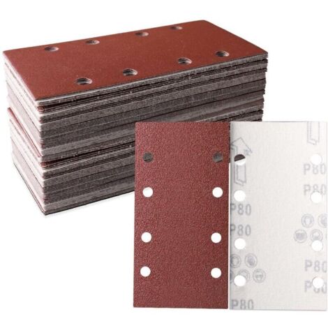 Packung mit 30 Schleifblättern (93 x 185 mm) – Quadratisches, selbstklebendes Schleifpapier mit 8 Löchern – Körnung 80 – Ideal zum Schleifen, Polieren und Entrosten – Geeignet für Rechteckschleifer (1/4)
