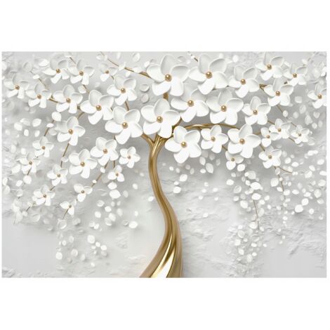 Papier peint panoramique fleurs blanches arbre 3D décoration murale – 400 x 280 cm Wallarena