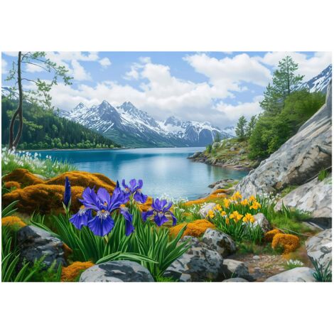 Papier peint panoramique paysage lac montagnes intissé 250x175 cm mural salon chambre décoration