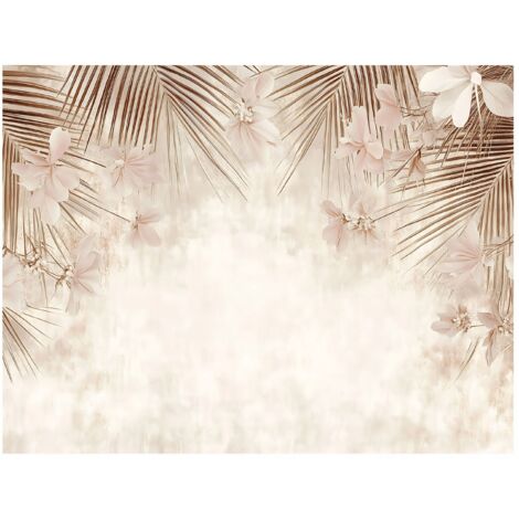 Papier peint avec motif de feuilles de palmier sur fond de béton beige, style ethnique, pour la décoration des murs du salon ou de la chambre à coucher – 150 x 105 cm Wallarena