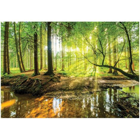 Papier peint panoramique forêt soleil vert, décoration murale pour salle de bain, salon, chambre à coucher – 150 x 105 cm Wallarena (1/4)