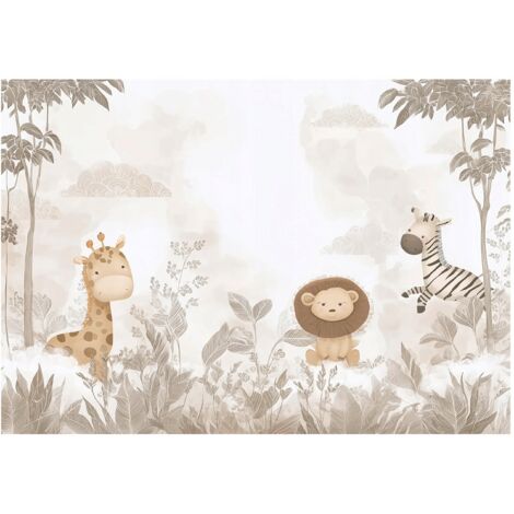 Papier peint mural animaux jungle forêt beige enfant intissé grand format design intérieur chambre enfant pas cher 150x105 cm (1/5)