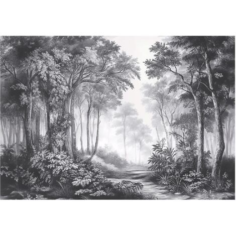 Papier peint panoramique forêt 3D noir et blanc intissé 150x105 cm mural salon chambre petit format