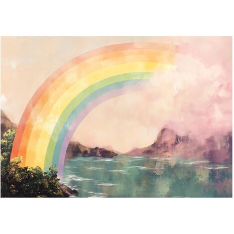 Papier peint enfant fille arc-en-ciel lac intissé 300x210 cm mural chambre enfant déco murale