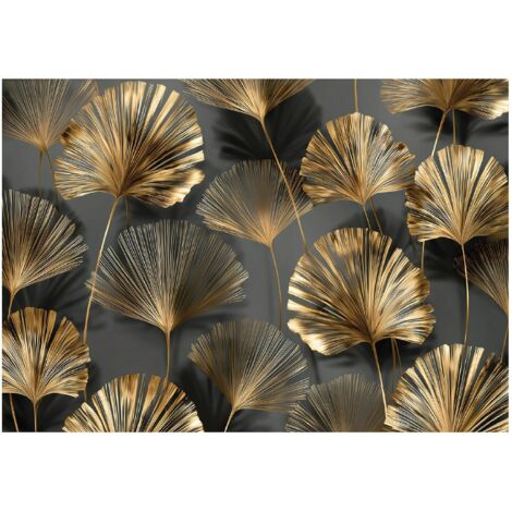 Papier peint mural feuilles abstraites dorées intissé grand format design intérieur salon chambre pas cher 150x105 cm