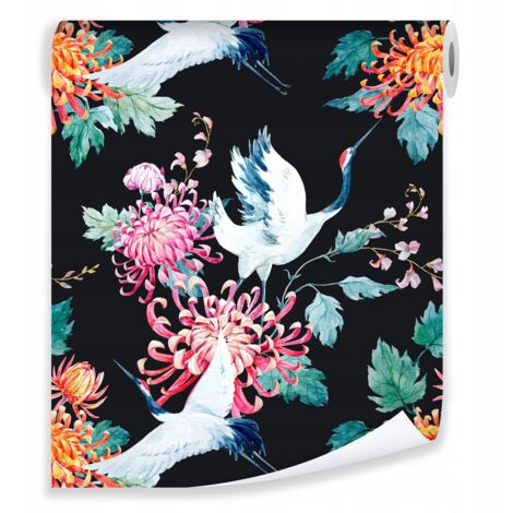 Papier peint grues oiseaux fond noir déco murale salon chambre – rouleau 0,5 x 10 m intissé Wallarena