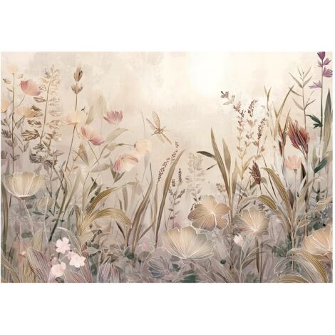 Papier peint mural nature prairie fleurs boho béton intissé grand format design intérieur salon chambre pas cher 250x175 cm
