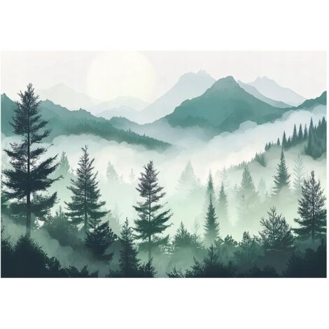 Papier peint panoramique forêt montagne paysage nature intissé 300x210 cm mural salon chambre moderne