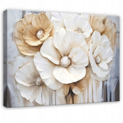 Peinture fleurs 3d blanc or pour chambre salon cuisine sur toile 60x40 (1/3)