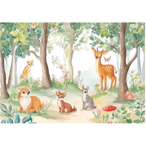 Papier peint enfant forêt animaux fille intissé 200x140 cm mural chambre enfant déco murale