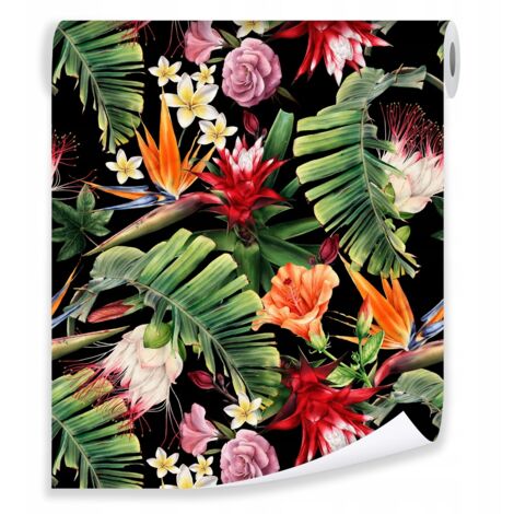 Papier peint feuilles fleurs fond noir déco murale salon – rouleau 0,5 x 10 m intissé Wallarena