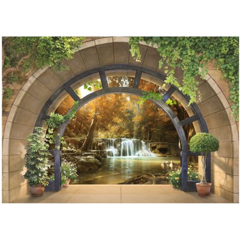Papier peint panoramique fenêtre avec cascade 3D verte, décoration murale pour salon ou chambre à coucher – 350 x 250 cm Wallarena