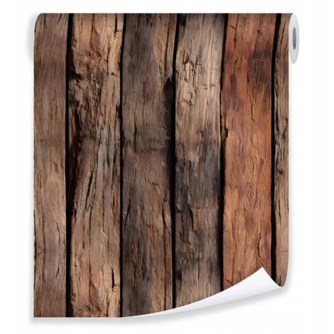 Papier peint planches de bois marron nature sur mur molletonné salon chambre coucher (1/3)