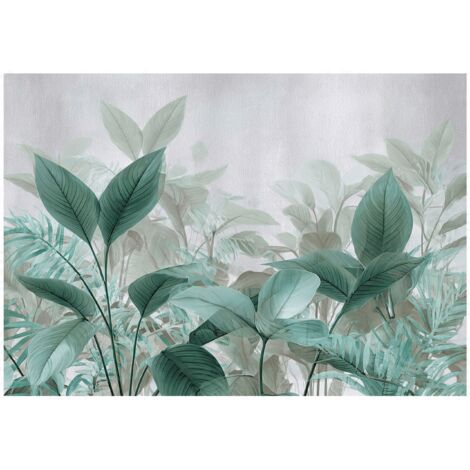 Papier peint mural feuilles 3D vert béton gris intissé grand format design intérieur salon chambre pas cher 150x105 cm (1/5)