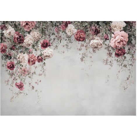 Papier peint intissé fleurs roses sur béton, décoration murale pour salle à manger, salon, cuisine – 250 x 175 cm Wallarena
