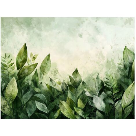 Papier peint avec des feuilles vertes et du béton naturel, décoration murale – 350 x 250 cm Wallarena (1/4)
