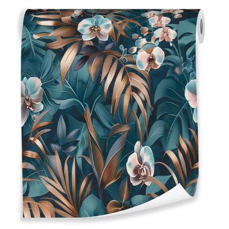 Papier peint avec des feuilles et des fleurs tropicales sur papier pour la décoration murale du salon – rouleau 0,5 x 10 m, intissé Wallarena