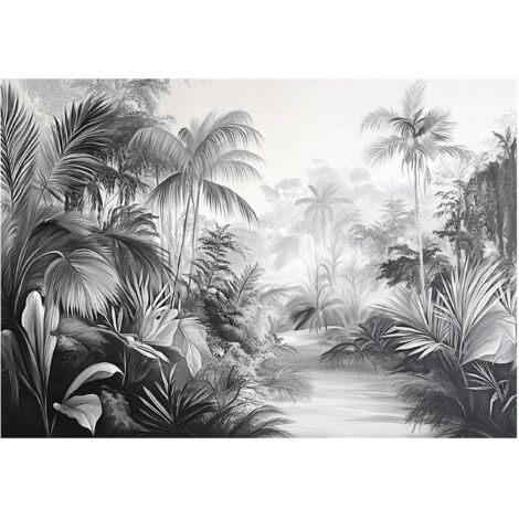 Papier peint panoramique jungle noir et blanc intissé 250x175 cm mural salon chambre décoration