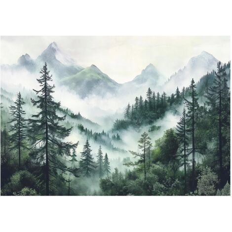 Papier peint panoramique forêt brume arbres montagnes intissé 400x280 cm mural salon chambre grand format