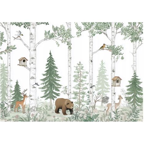 Papier peint mural forêt animaux arbres enfant intissé grand format design intérieur chambre enfant pas cher 400x280 cm