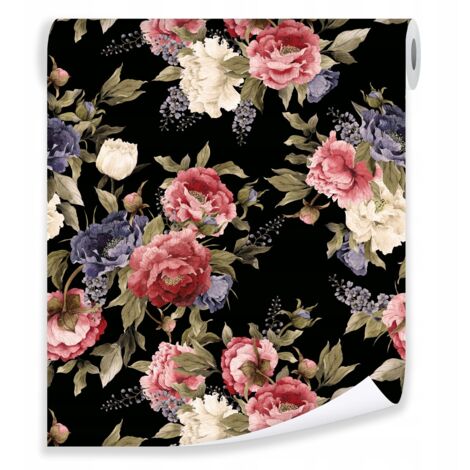 Papier peint fleurs pivoines 3D fond noir – déco murale salon chambre – rouleau 0,5 x 10 m – Wallarena