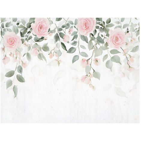 Papier peint feuilles vertes et fleurs de rose décoration salon – 200 x 140 cm Wallarena