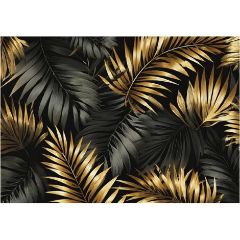 Papier peint mural feuilles doré noir glamour intissé grand format design intérieur salon chambre pas cher 350x250 cm