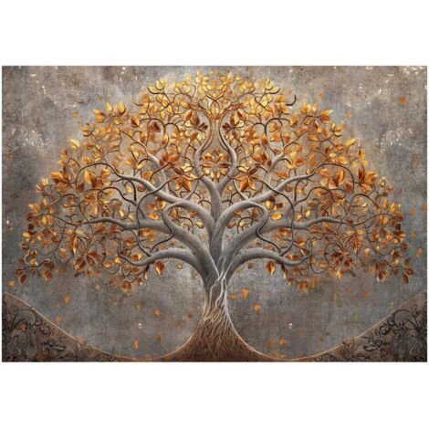 Papier peint arbre de vie abstrait fleurs dorées décoration murale pour salon – 150 x 105 cm Wallarena