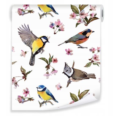 Papier peint oiseaux fleurs feuilles déco murale nature salon chambre – rouleau 0,5 x 10 m Wallarena