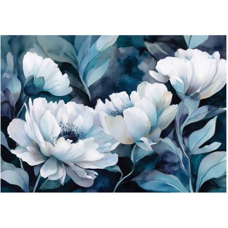 Papier peint mural fleurs bleues blanches intissé grand format design intérieur salon chambre pas cher 250x175 cm