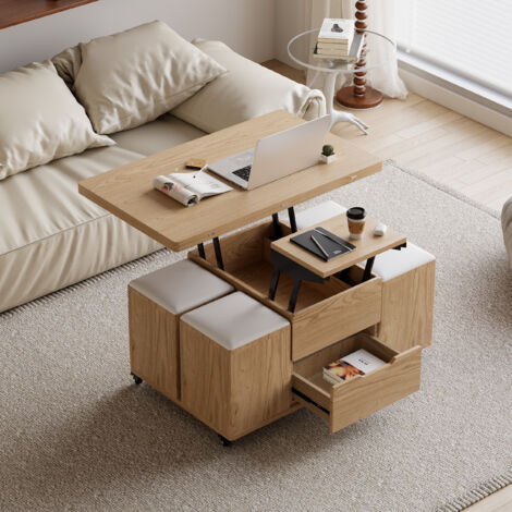 Couchtisch, anhebbar, multifunktional, 100 cm - Höhe verstellbar, 4 versteckte Hocker, geräumiger Stauraum, Feststellrollen - Ideal für kleine Räume, moderner natürlicher Stil