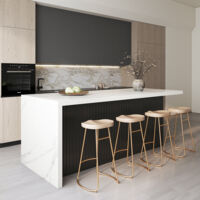 Kücheninsel modern ausziehbar 183 cm, mattweiß/mattschwarz, Arbeitsplatte mit Marmorfurnier, großer Stauraum mit Schubladen, Türen und Weinfach