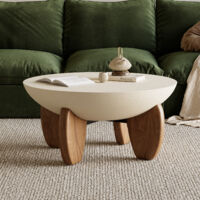 Couchtisch rund 76 cm aus Beton beige mit Nussbaum-Finish, Tischbeine aus Esche massiv, Design modern stoßfest für Wohnzimmer