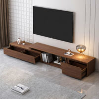 TV-Schrank ausziehbar, Nussbaum-Finish, 180–280 cm, 3 geräumige Schubladen, kompatibel mit Bildschirmen bis zu 110 Zoll, modernes Design mit offenem Stauraum