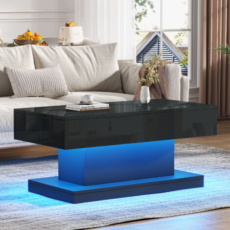 Lemonbest Table Basse LED Moderne 100x50x45 cm Table de Salon Design avec 2 Tiroirs - Laquée Brillante - pour Salon Séjour - Noir (1/5)