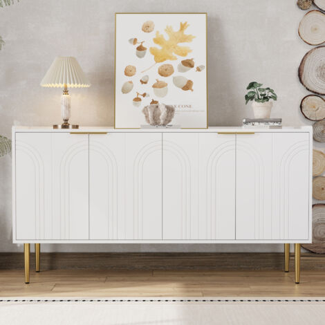 Buffet Moderne Blanc 140 cm, Meuble Salle à Manger avec Espace de Rangement et 4 Portes, Étagères Réglables, Pieds en Métal Doré