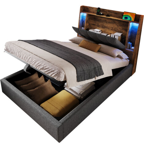 Lit coffre 90x200 cm,Lit rembourré avec charge USB-C + Éclairage LED+ grand espace rangement - lin - gris (1/5)