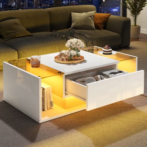 Table Basse Blanc 100×50×31 cm, Table de Salon Moderne avec Éclairage LED et Tiroir, table d'appoint en Verre Trempé - Brillante (1/5)