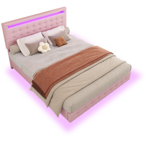 Lit plat 140x200 cm Lit double avec éclairage LED ambiant et télécommande - Tête de lit réglable 3 positions - PU - Rose (1/5)