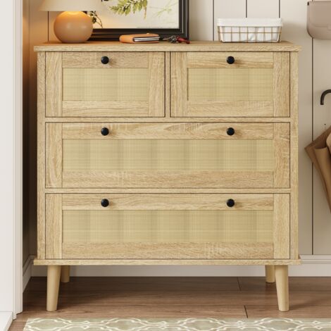 Commode 4 Tiroirs en Rotin 80x40x80 cm - Meuble Rangement pour Chambre - avec Pieds en Bois Massif - Couleur du bois (1/5)